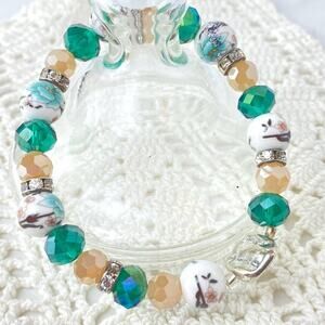 Floral Beaded Bracelet Rhinestone Silver Accents